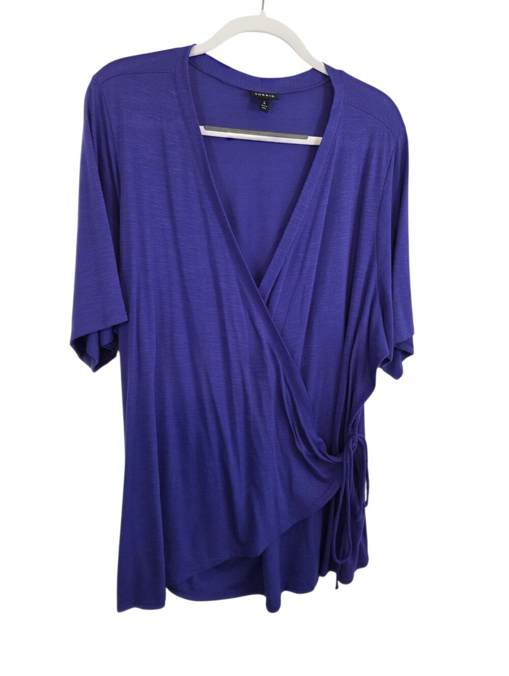 Torrid Purple Faux Wrap V-Neck Short Sleeve Stretch Blouse Size 4 ~ Pre-Owned - Picture 3 of 13